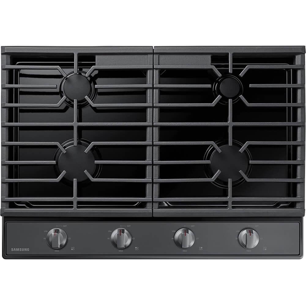 30" Black Stainless Steel 4-Burner Gas Cooktop with Cast Iron Grates