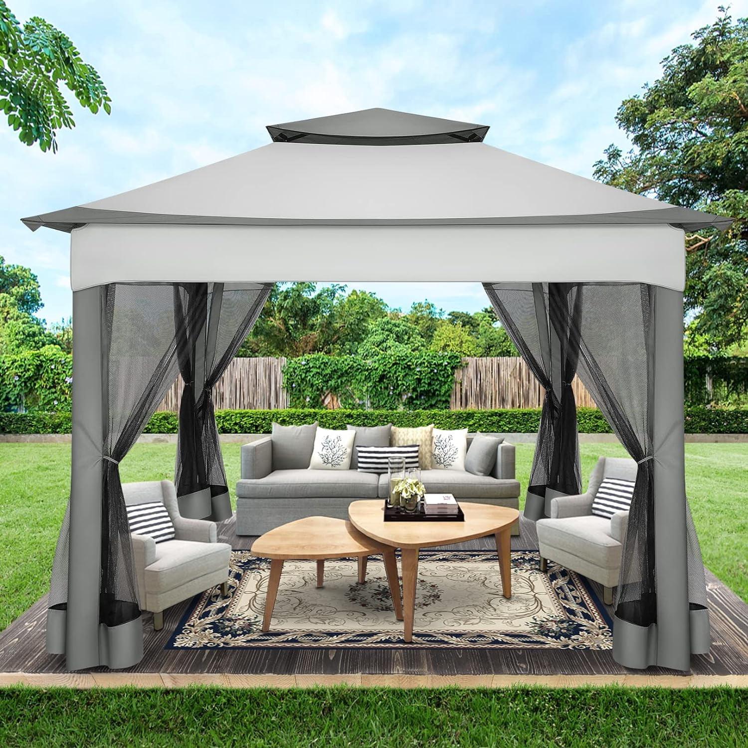 COBIZI Outdoor Canopy Gazebo 11x11 Pop up Gazebo Patio Gazebo with Mosquito Netting Outdoor Canopy Shelter with 121 Square feet of Shade for Outdoor Lawn, Garden, Backyard and Deck, Gray