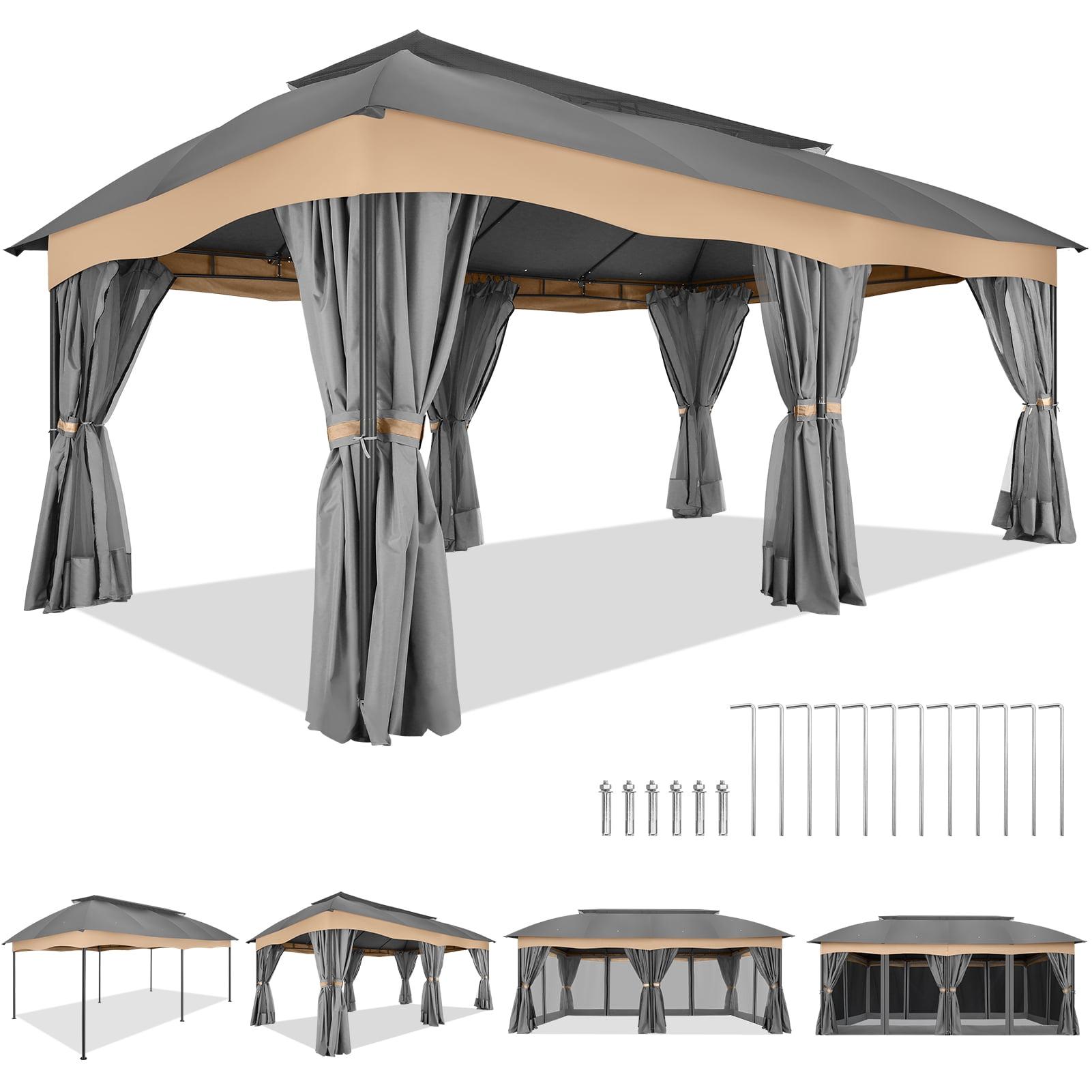 Gray 12x20 Heavy Duty Outdoor Patio Gazebo with Curtains and Netting