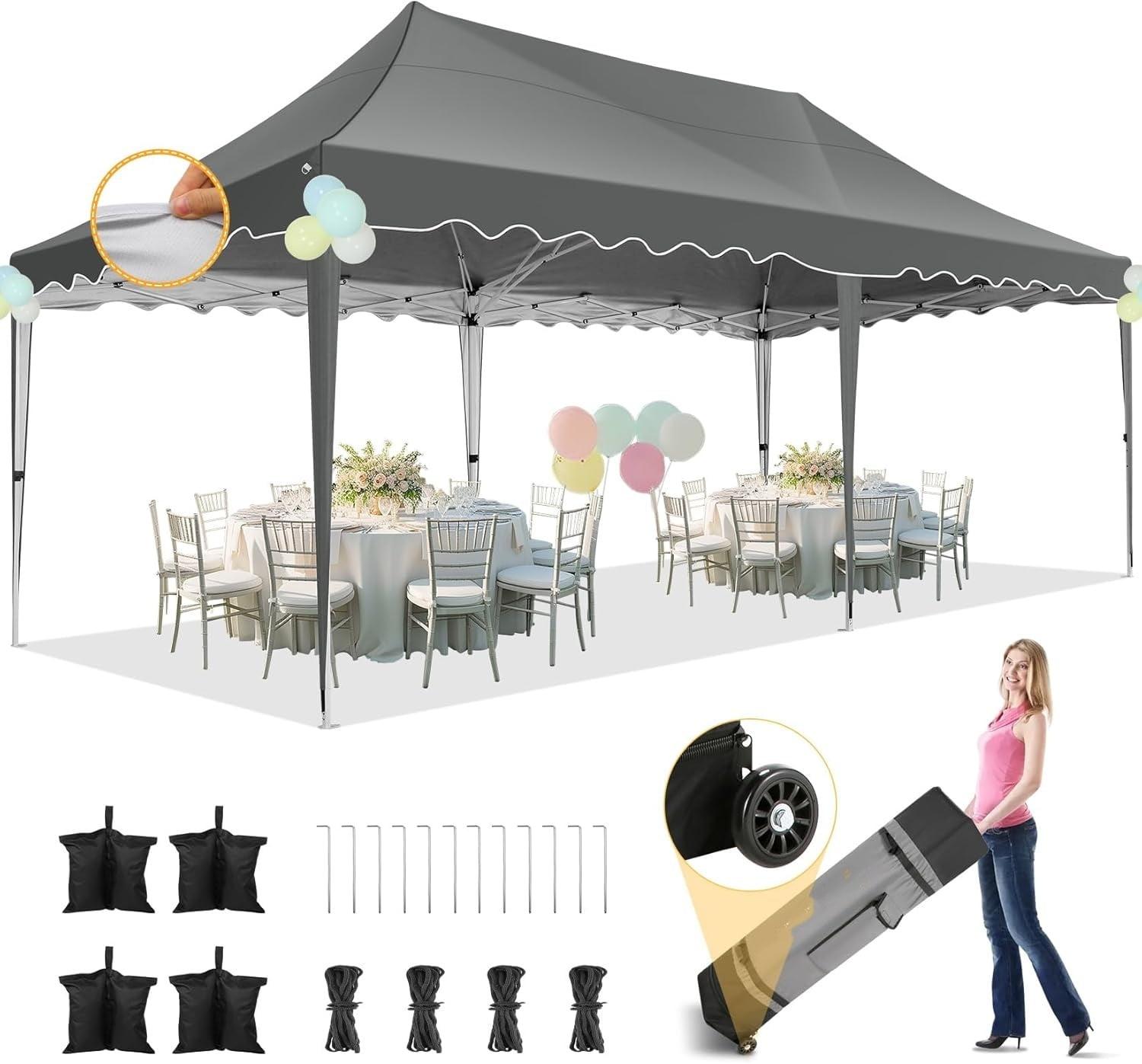 SANOPY 10' x 20' Pop up Canopy Party Tent with Wave Eave, Outdoor Waterproof Patio Gazebo Tent with Carry Bag, Backyards Camping Picnics, Gray