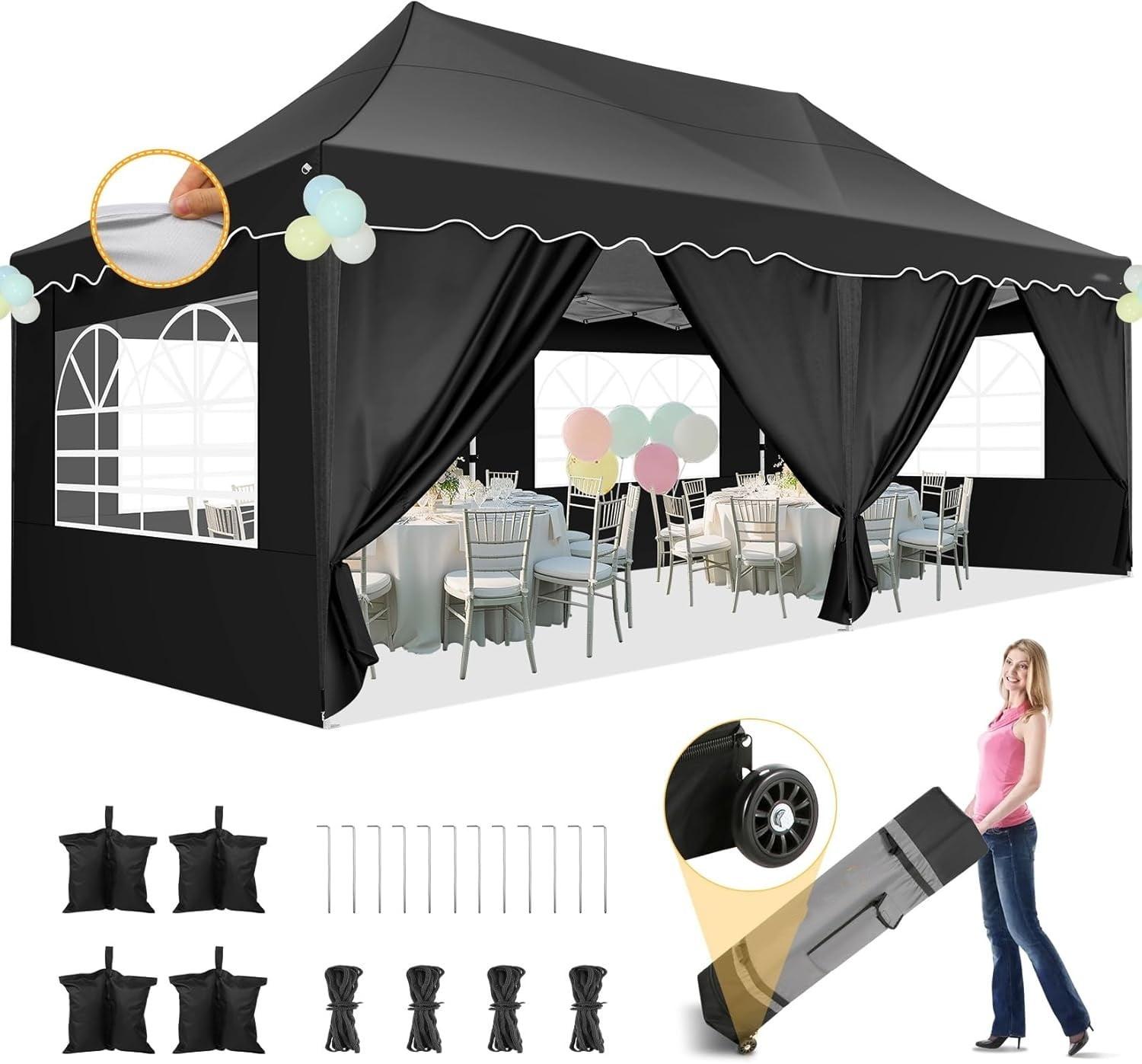 COBIZI Canopy Tent 10X20 Pop up Hollow Tent with 6 Removable Side Walls,Outdoor Event Party Canopy,Instant Portable,Suitable for Parties,Weddings,Camping and Beaches,with Wheeled Bag,Black