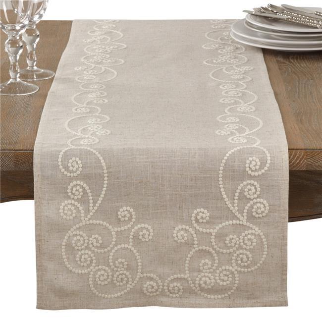 Neutral Swirl Table Runner - Saro Lifestyle: Linen-Blend, Embroidered, Machine Washable, 72"x16"