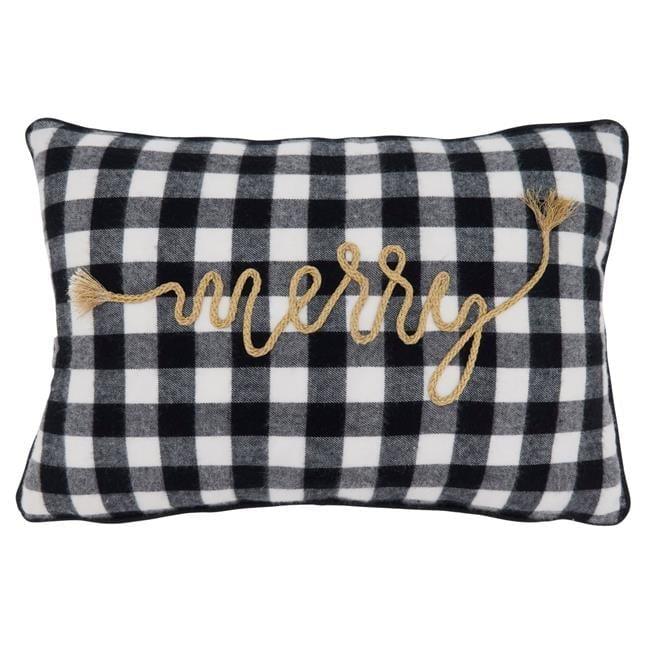 SARO  12 x 18 in. Oblong Black & White Buffalo Plaid Merry Throw Pillow with Down Filling