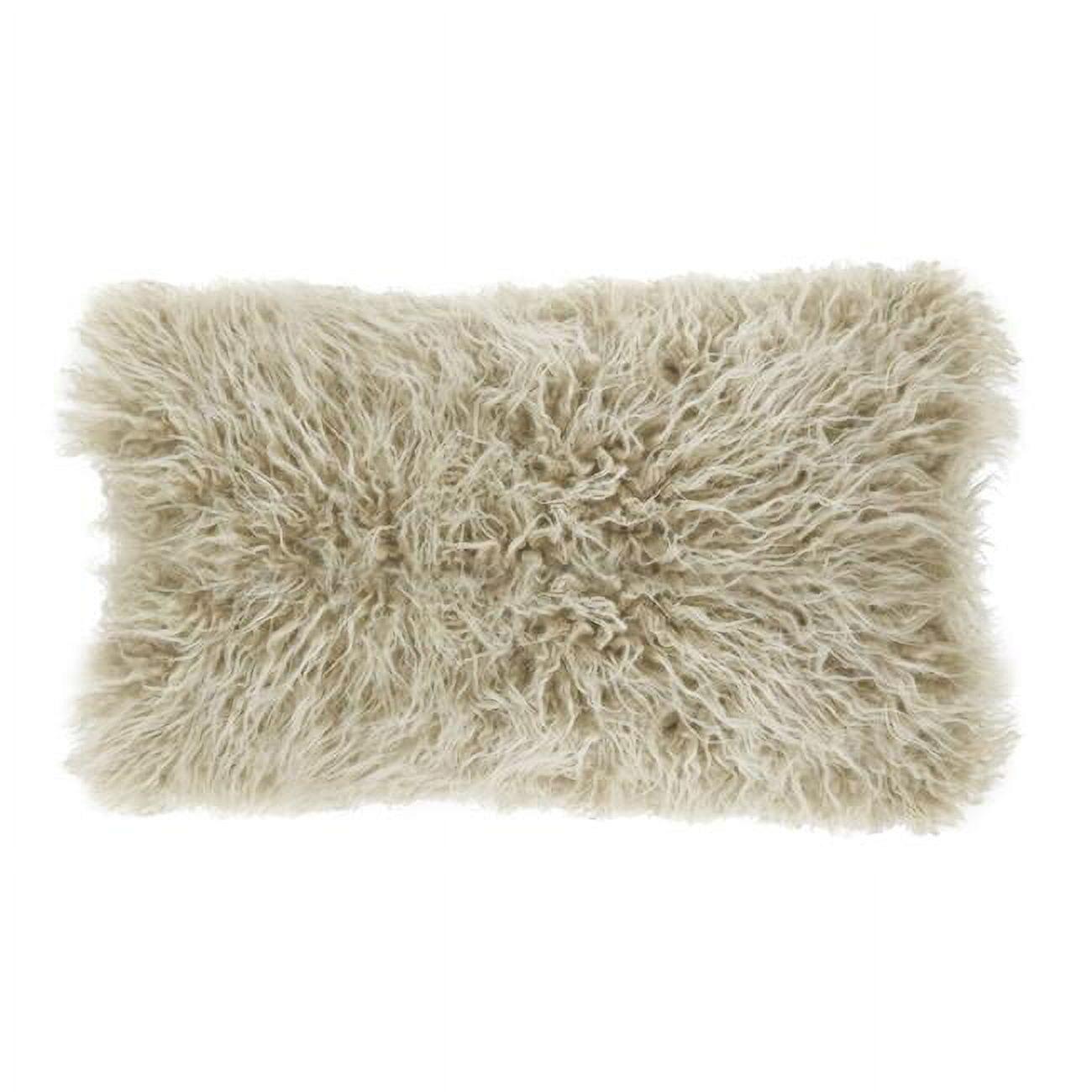 SARO  12 x 20 in. Rectangle Mongolian Faux Fur Throw Pillow - Oatmeal