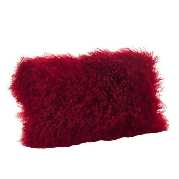 SARO  12 x 20 in. Wool Mongolian Lamb Fur Throw Pillow  Red