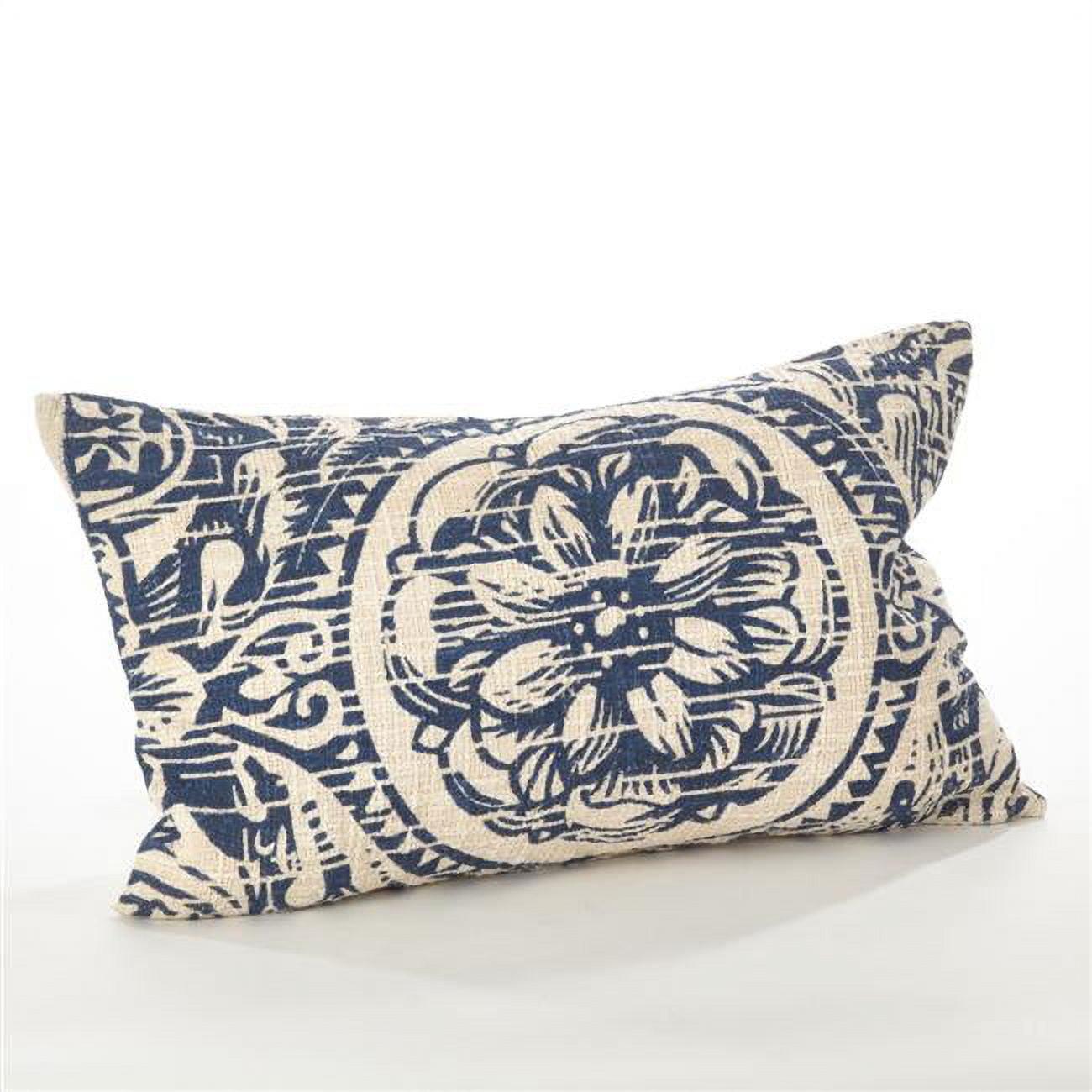 Navy and Beige Floral Distressed Cotton Lumbar Pillow