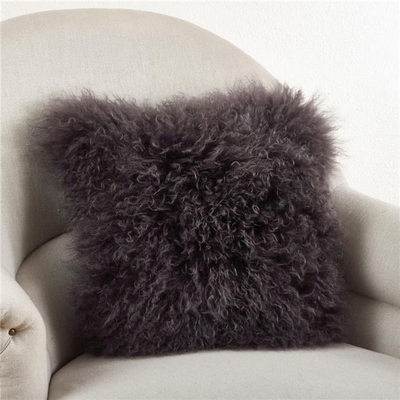 SARO  16 in. Square Wool Mongolian Lamb Fur Throw Pillow  Grey