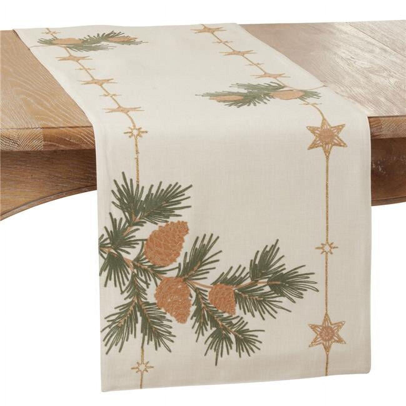 SARO  16 x 70 in. Oblong Natural Embroidered Pinecone Table Runner