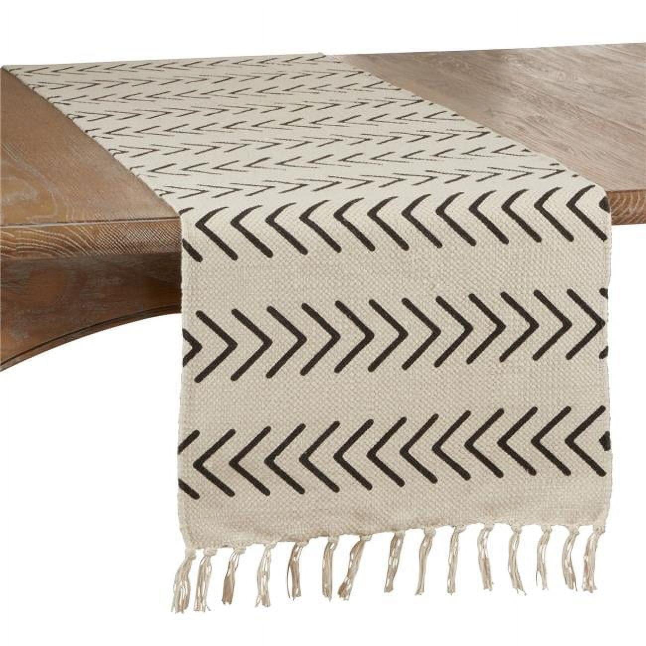 Beige Cotton Chevron Design Table Runner with Fringe