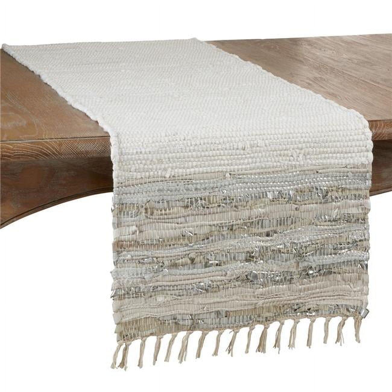 White and Silver Cotton Leather Chindi Table Runner with Tassels