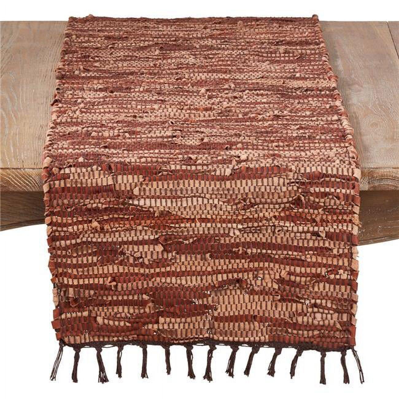 Terracotta and Clay Leather Chindi Table Runner with Fringe, 16 x 72 Inch