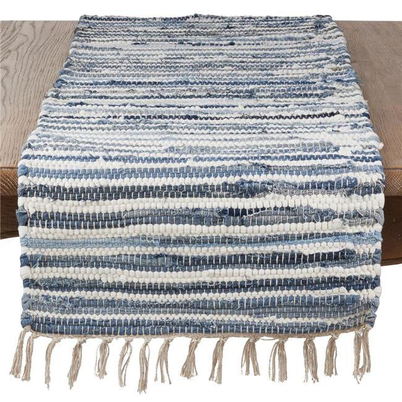 Blue Cotton Chindi Table Runner with Fringe, 16"x72"