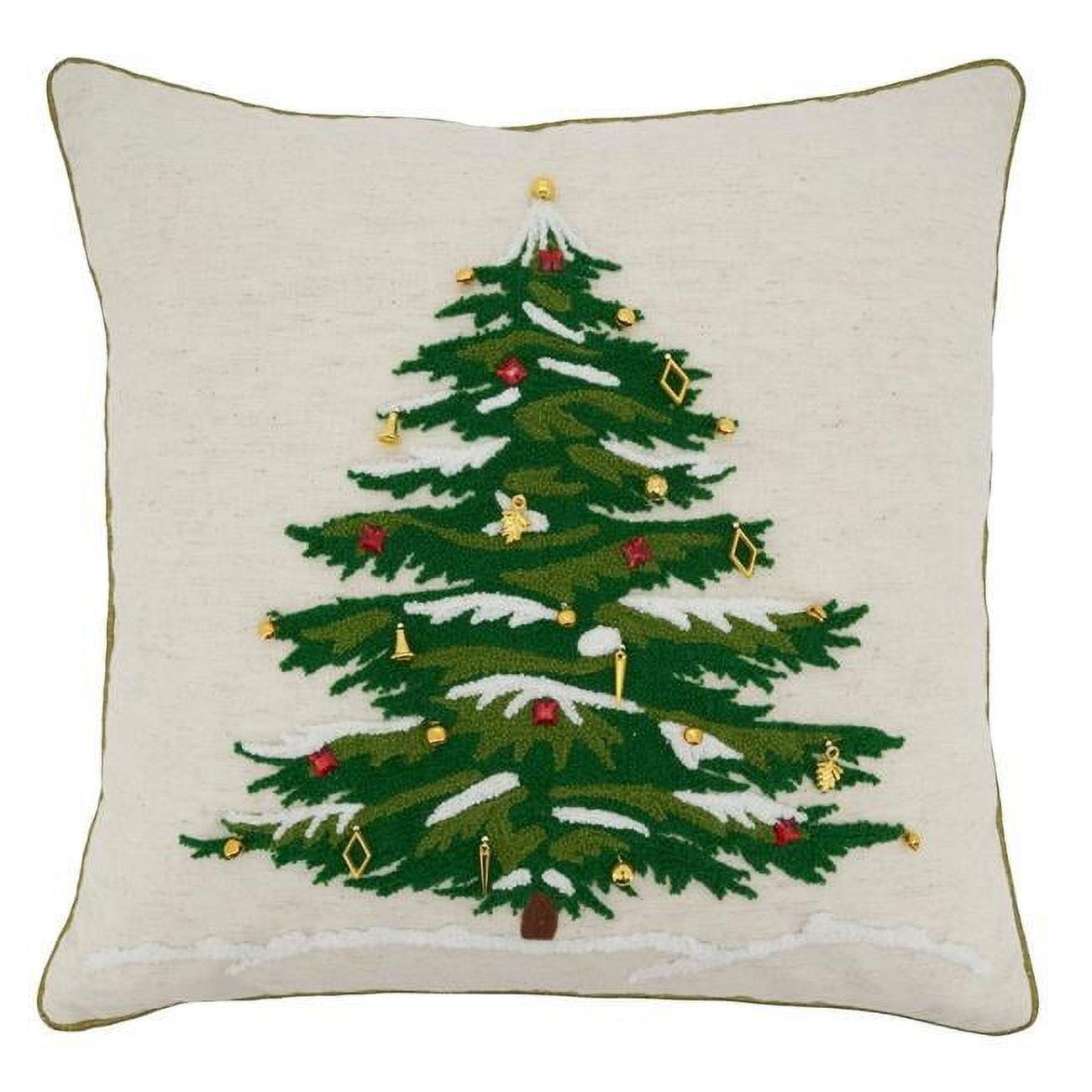 SARO  18 in. Square Natural Embroidered Christmas Tree Design Poly-Filled Throw Pillow