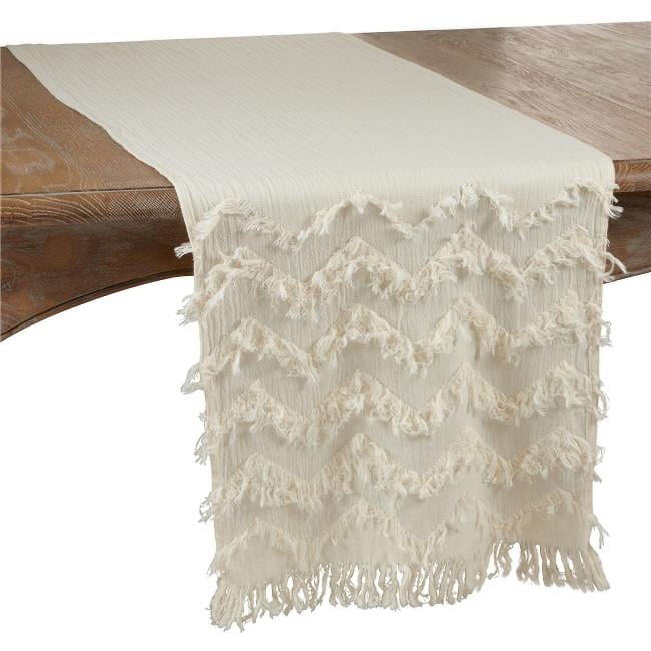 Ivory Cotton Chevron Table Runner with Fringe Design