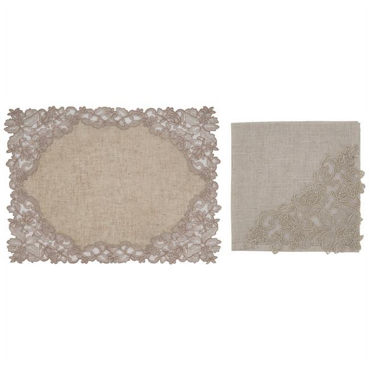 Taupe Embroidered Lace Floral Placemats and Napkins Set