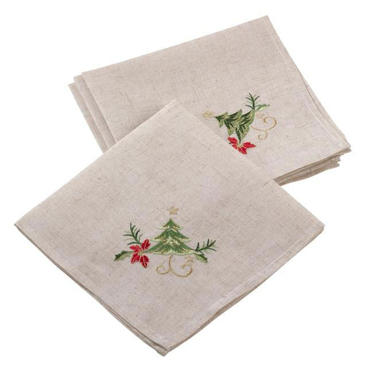 Natural Embroidered Christmas Tree Design Linen Blend Napkin Set