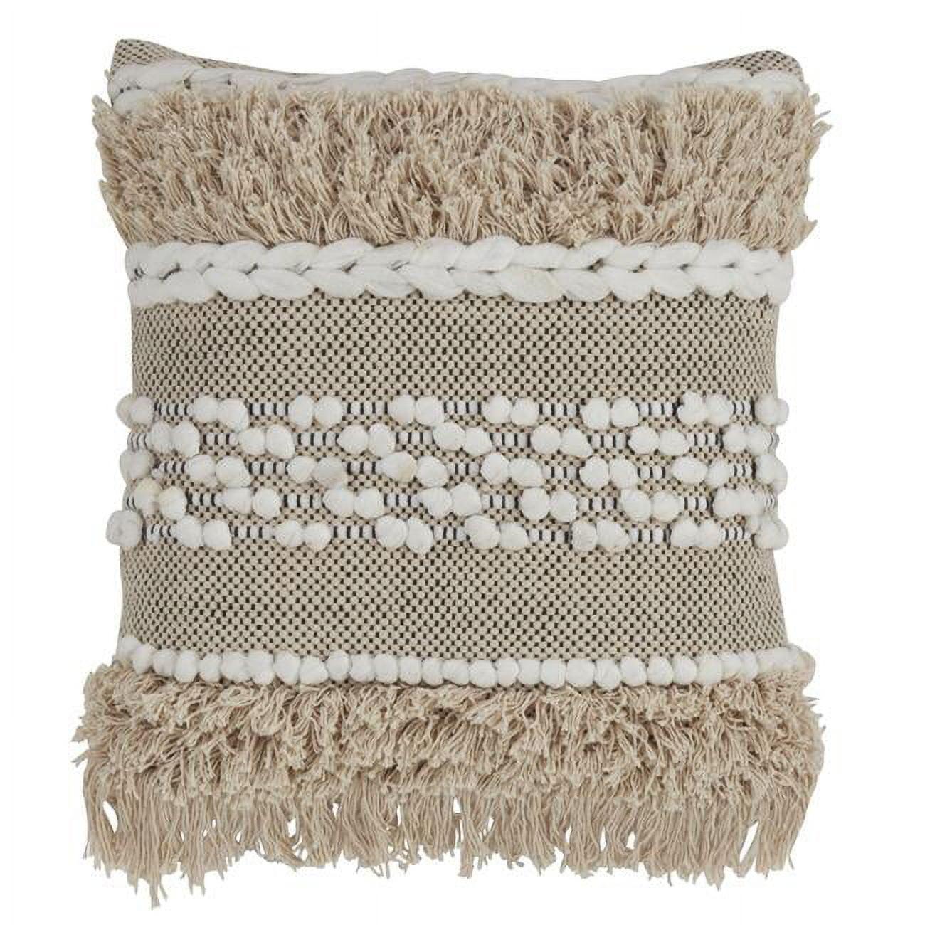 18'' Natural Cotton Moroccan Throw Pillow with Fringe and Braids