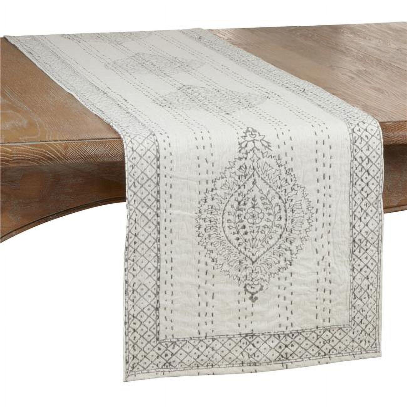 Gray Cotton Kantha Stitch Block Print Table Runner