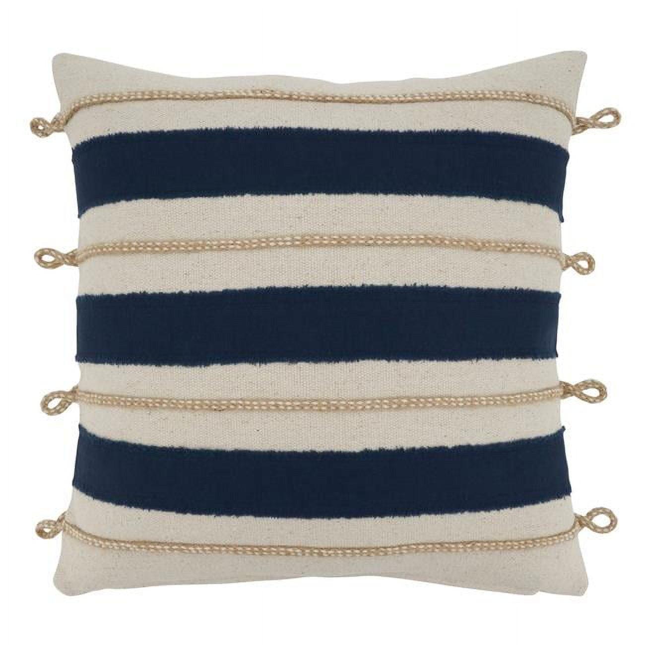 Navy Blue and Beige Cotton Rope Applique 18" Square Throw Pillow Cover