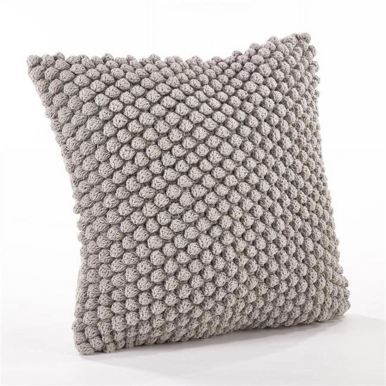 Gray Cotton Crochet Pom-Pom Square Throw Pillow