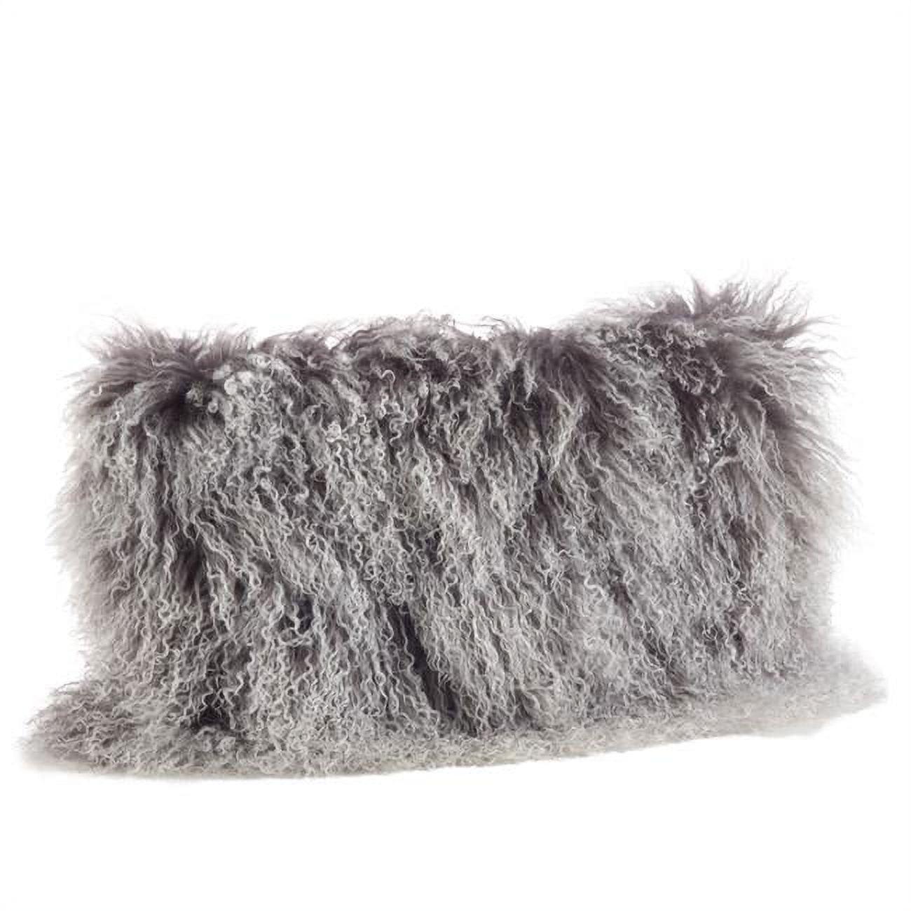 Charcoal Wool Mongolian Lamb Fur Rectangular Throw Pillow