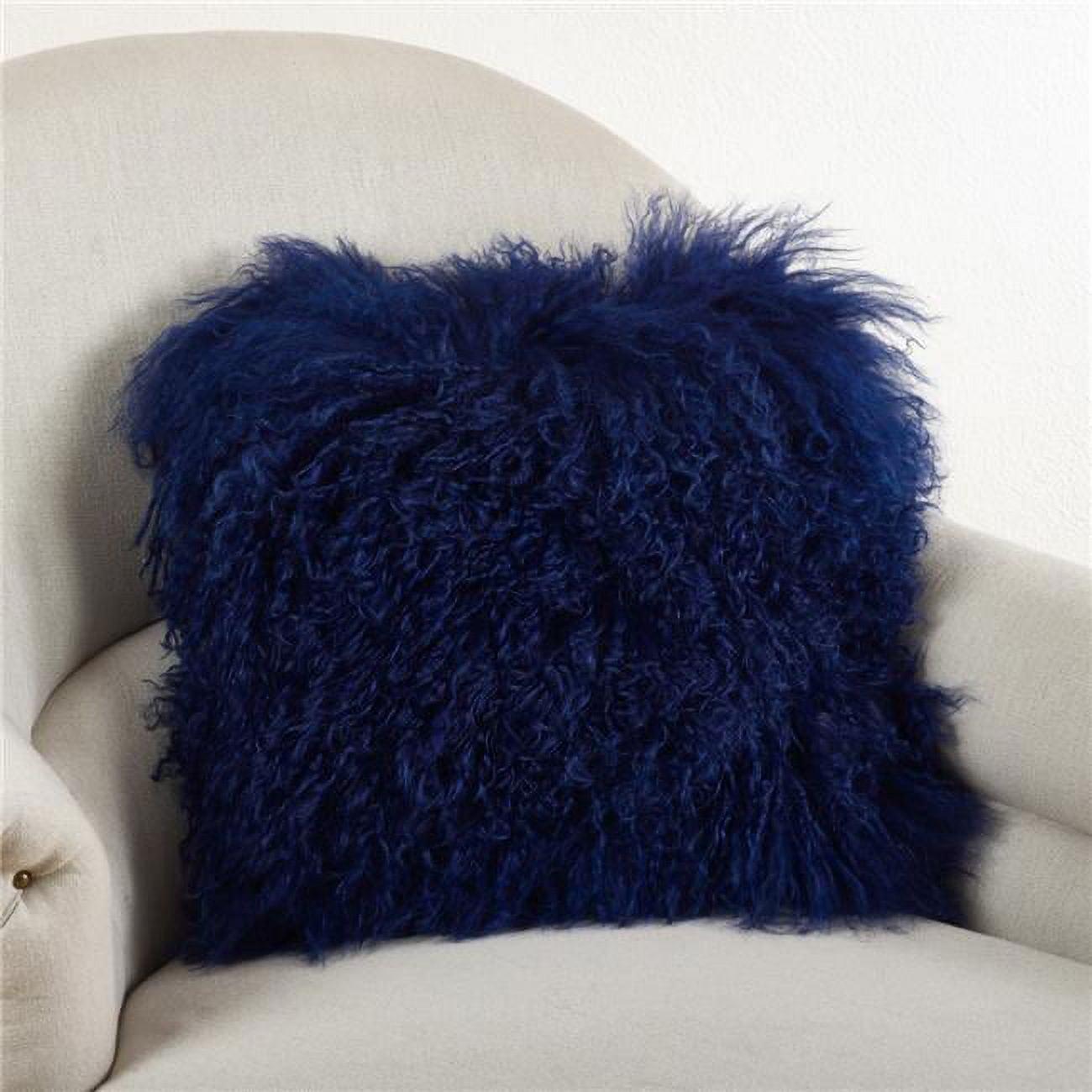 SARO 3564.CZ16S 16 in. Square Wool Mongolian Lamb Fur Throw Pillow  Cobalt Blue