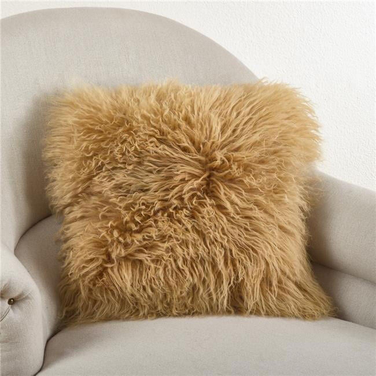 SARO 3564.GL20S 20 in. Square Wool Mongolian Lamb Fur Throw Pillow  Gold