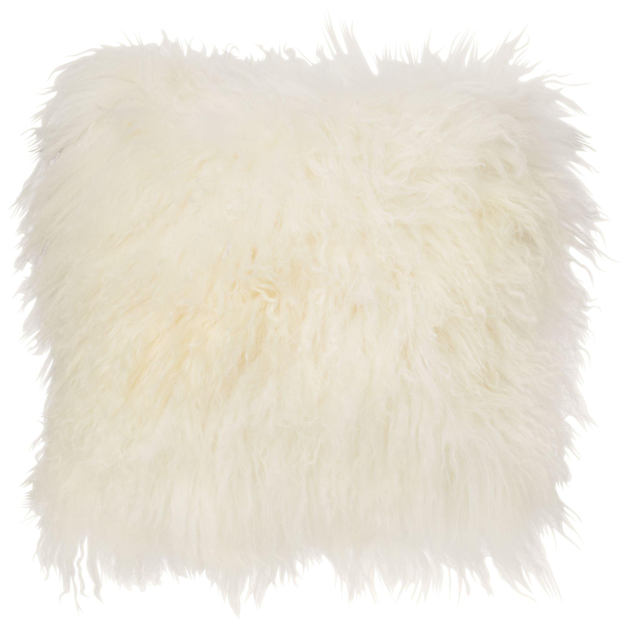 Ivory 16" Square Wool Mongolian Lamb Fur Throw Pillow