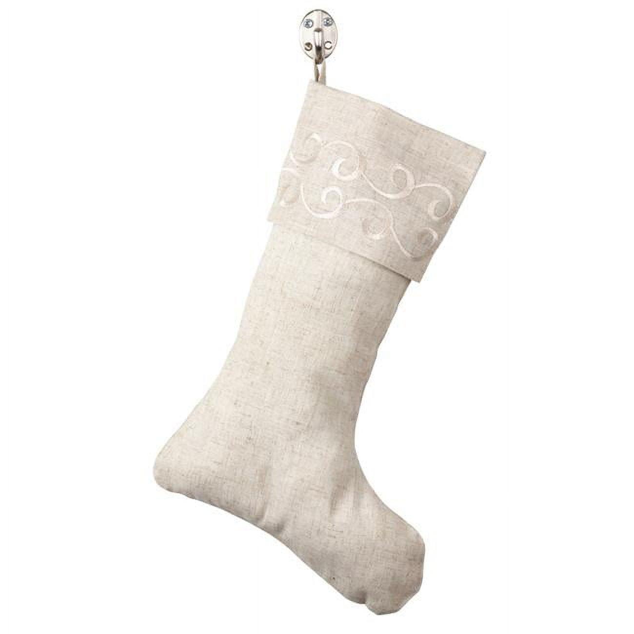 Natural Linen Blend Embroidered Christmas Stocking, 13 x 19 inches