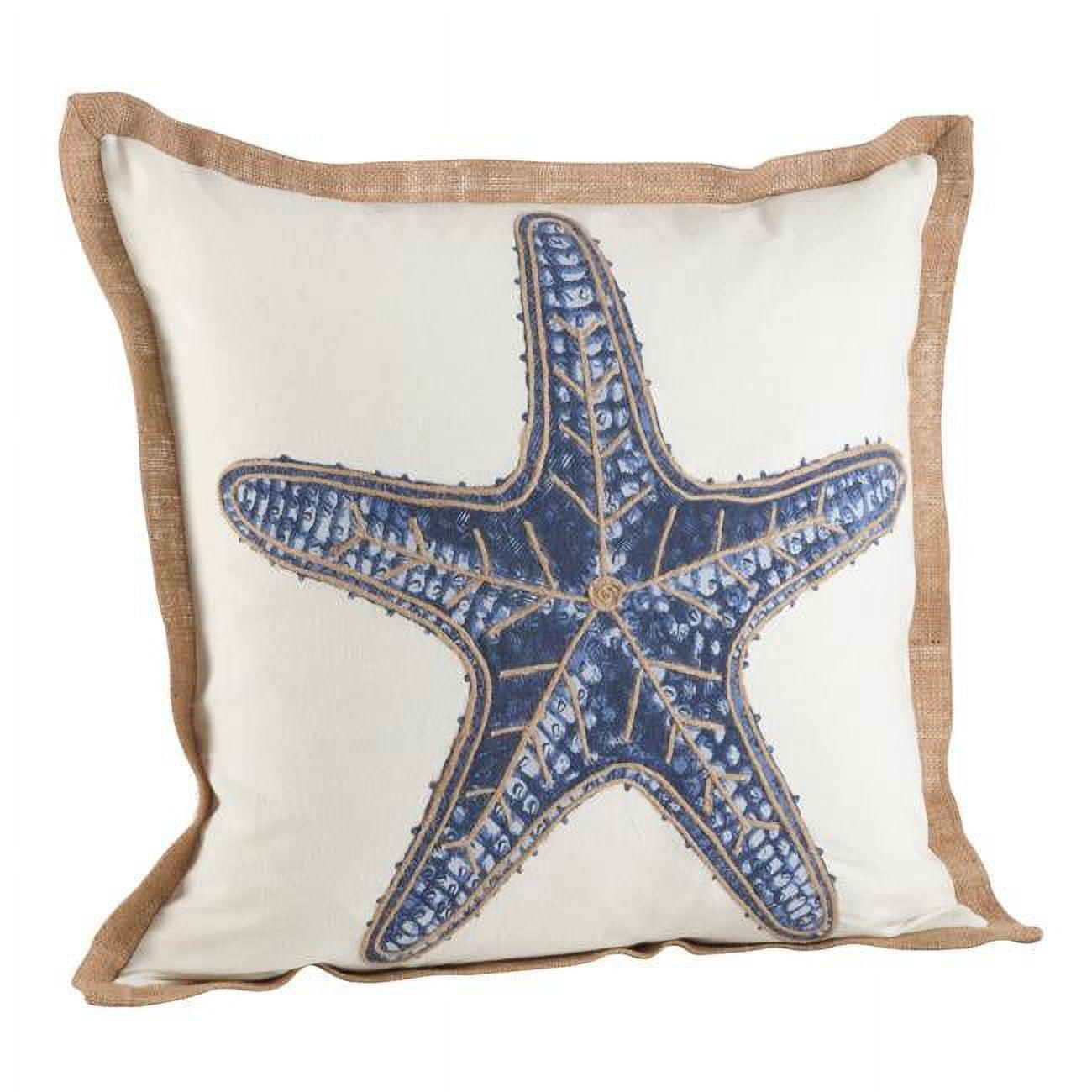 20" Navy Blue Starfish Embroidered Cotton Square Throw Pillow