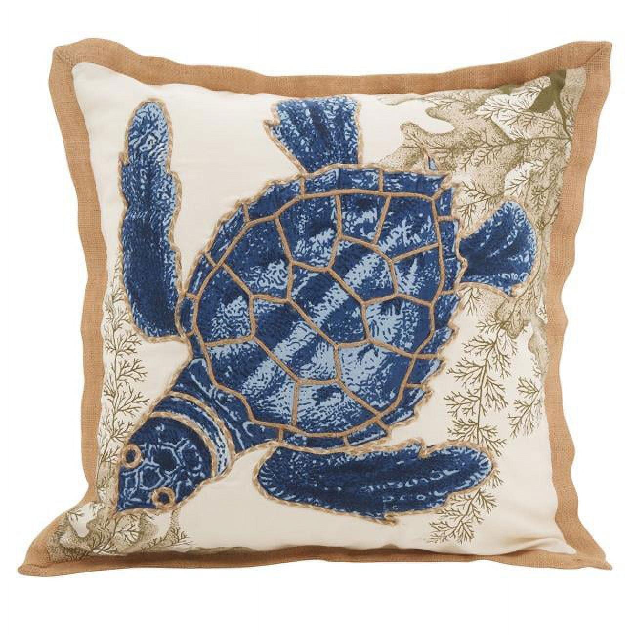 Blue Sea Turtle Cotton Square Throw Pillow with Fringed Borders