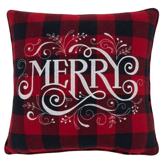 SARO 6627.R16SC 16 in. Square Red Buffalo Plaid Merry Pillow Cover