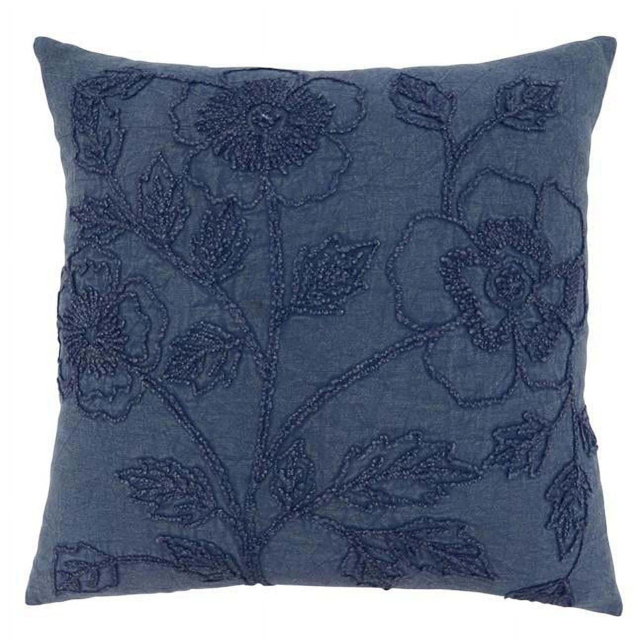 20" Navy Embroidered Floral Cotton Square Throw Pillow