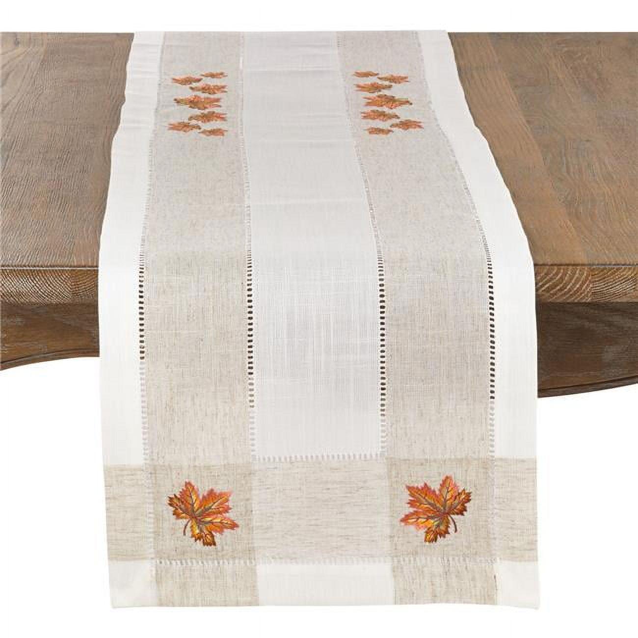 Saro Lifestyle Embroidered Table Runner With Leaf Hemstitch Design, 15"x70", Off-White