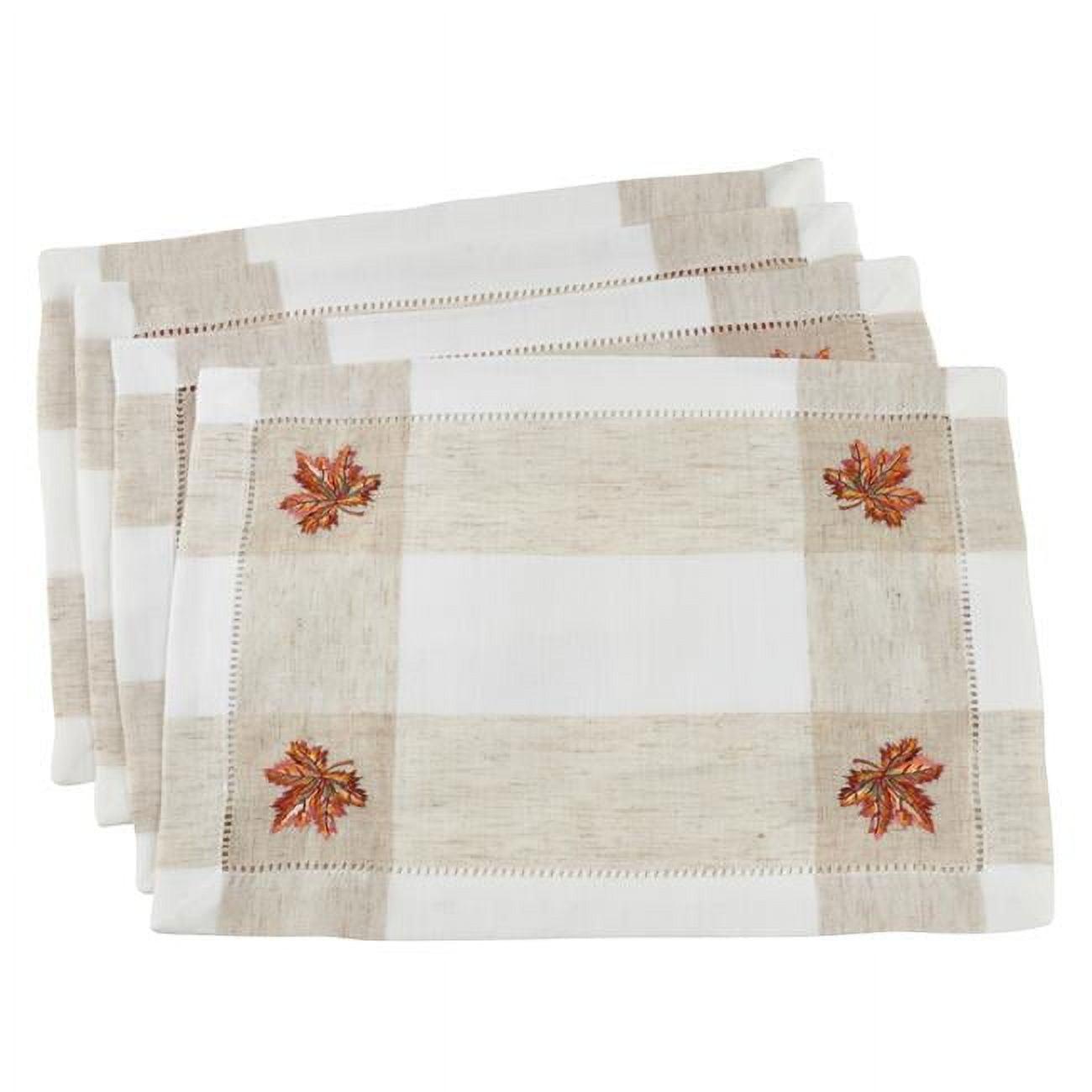 Saro Lifestyle Embroidered Leaf Hemstitch Placemat, 14"x19" Oblong, Ivory (Set of 4)