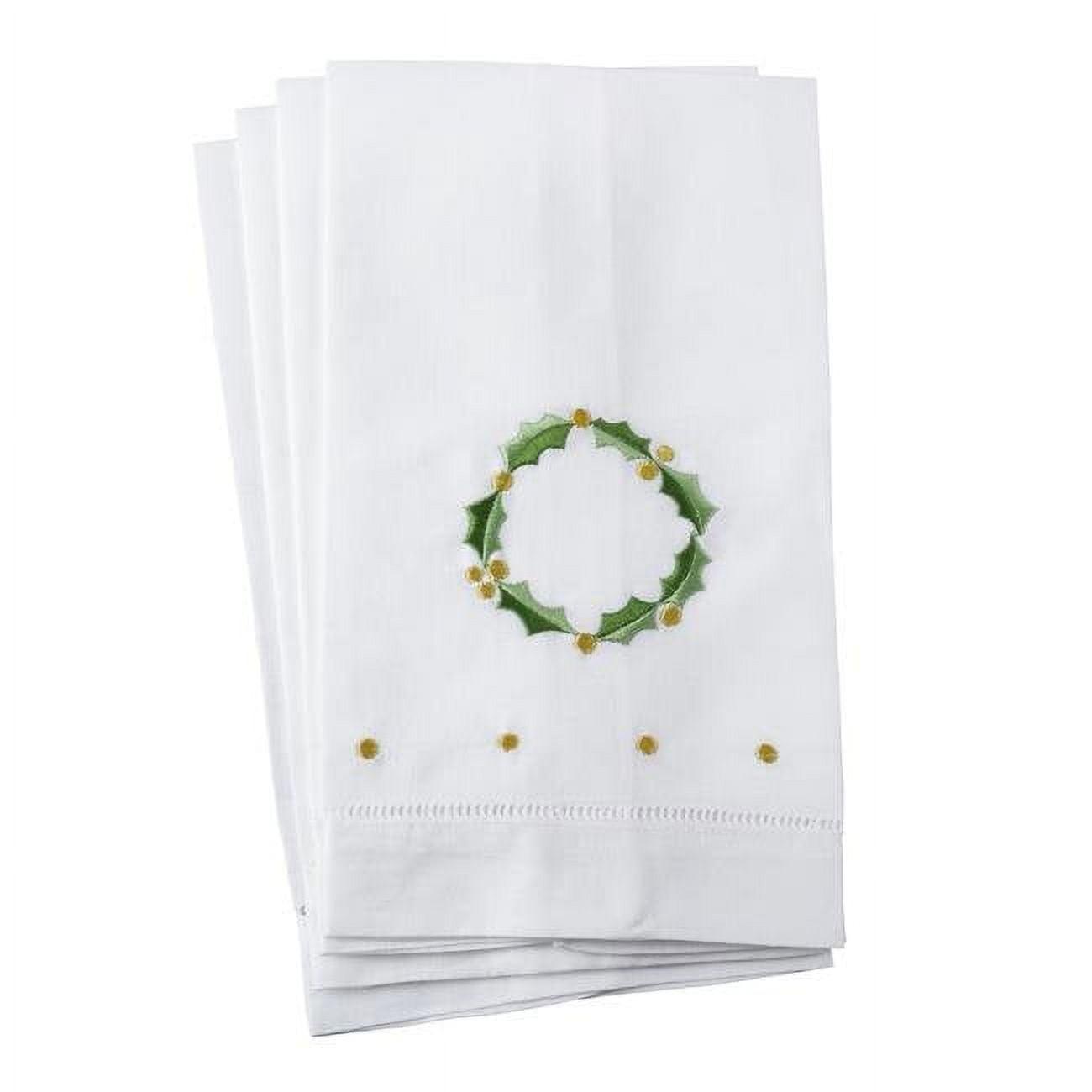 White Cotton Linen Holiday Hand Towels with Holly Leaf Embroidery, Set of 4