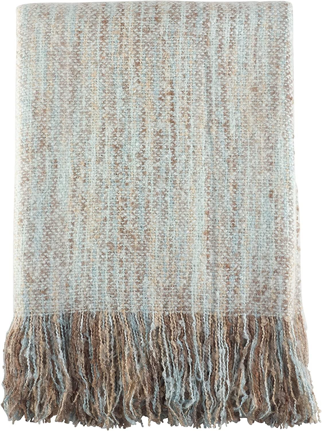 Aqua and Brown Faux Mohair Fringe Throw Blanket