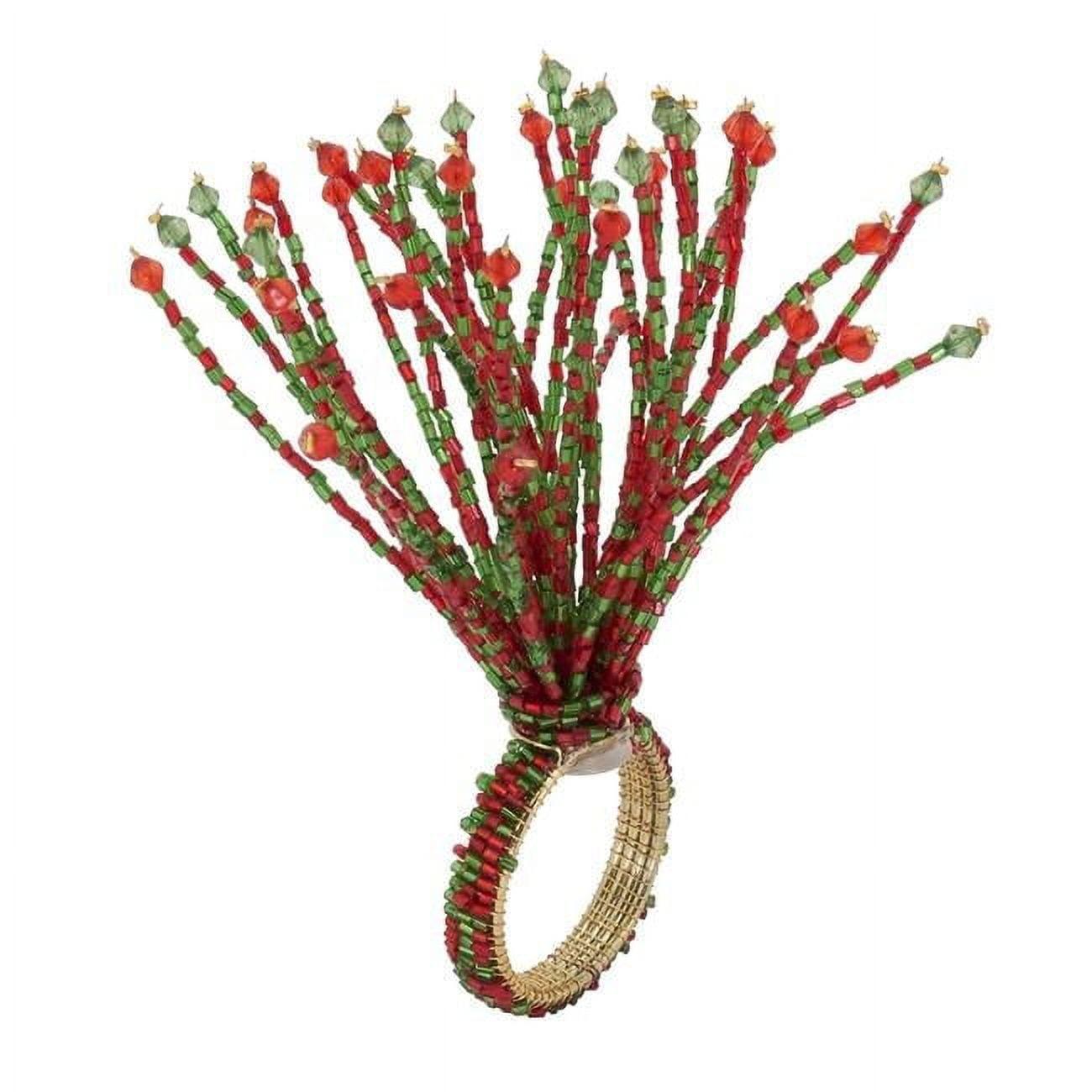 Festive Red and Green Beaded Burst Napkin Rings, Set of 4