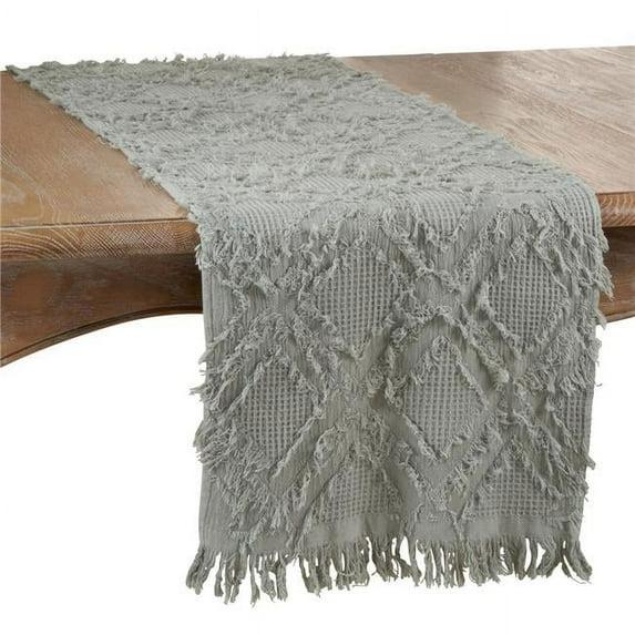 72" x 16" Cotton Waffle Weave Fringed Table Runner Blue: Geometric Abstract Rectangle - Saro Lifestyle