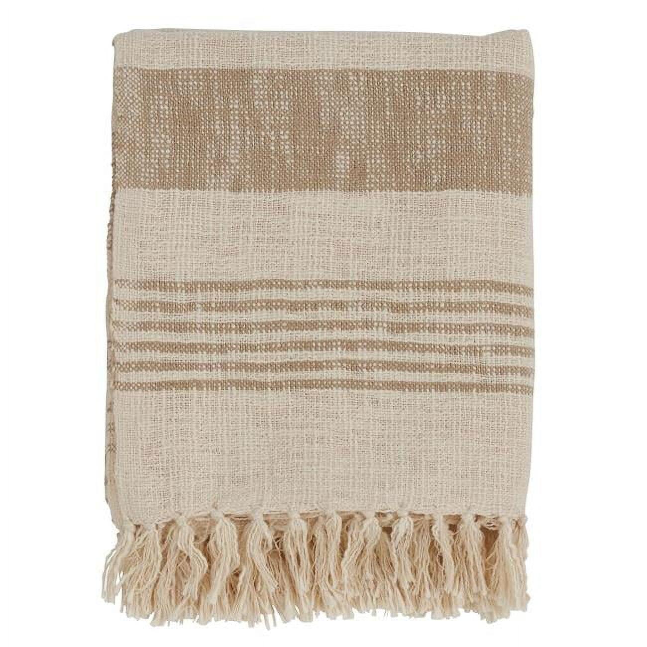 SARO TH387.N5060 Cotton Throw with Striped & Tasseled Design  Natural