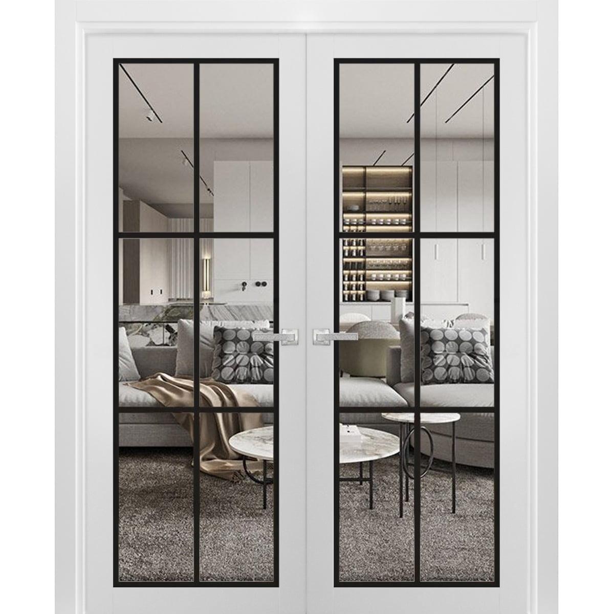 SARTODOORS Stain Resistant Solid French Double Doors With Clear Glass and Frames, Solid Pine Wood White Silk, 60" x 96", 110 lbs
