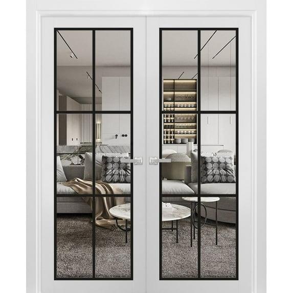 SARTODOORS Stain Resistant Solid French Double Doors With Clear Glass and Frames, Solid Pine Wood White Silk, 60" x 96", 110 lbs