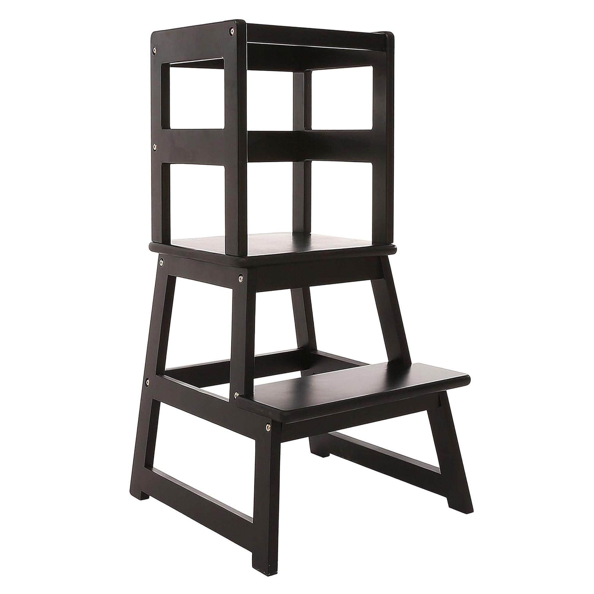 Black Wooden 2-Step Kids Kitchen Step Stool with Safety Rail