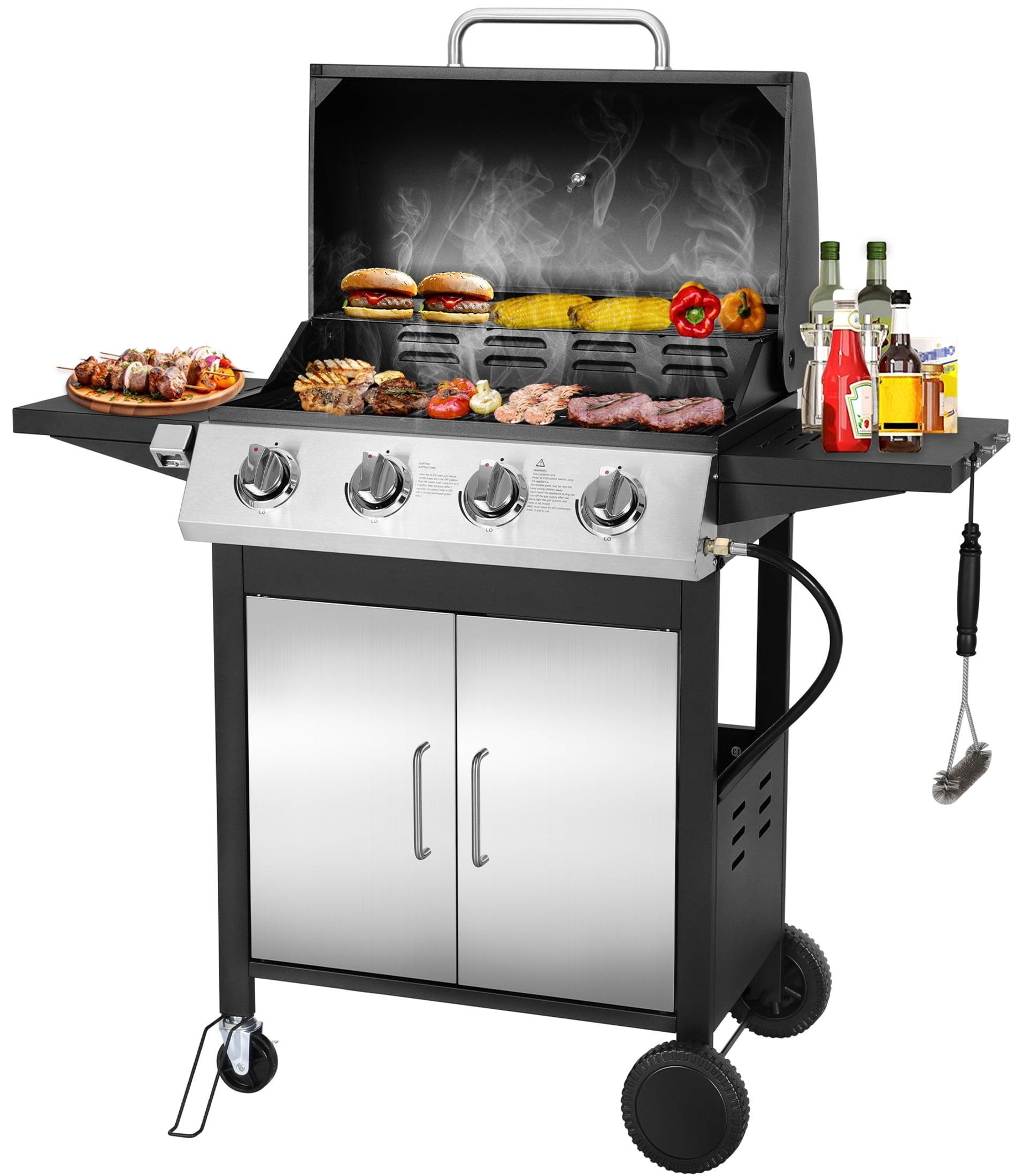 Stainless Steel 4-Burner Propane Gas Grill with Shelves and Thermometer