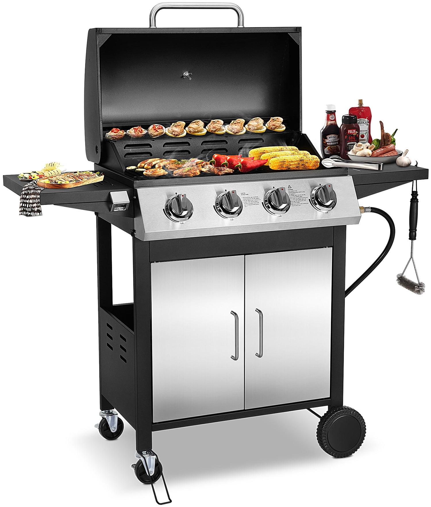 SEGMART 4 Burner BBQ Propane Gas Grill, Stainless Steel 40,000 BTU Patio Garden Barbecue Grill with Folding Side Tables, Cleaning Brush & Thermometer, Perfect for Camping, Outdoor Cooking
