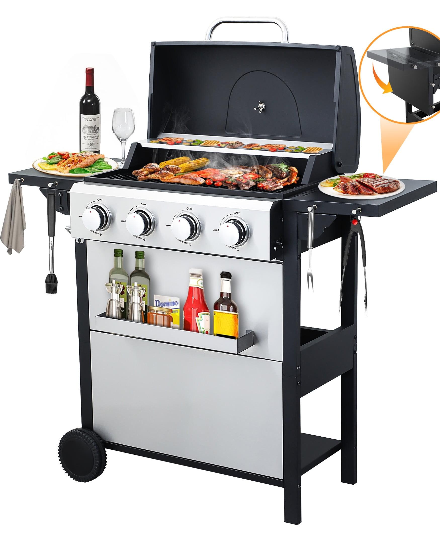 SEGMART 4 Burner BBQ Propane Gas Grill, Stainless Steel 40,000 BTU Patio Garden Barbecue Grill with Folding Side Tables, Cleaning Brush & Thermometer, Perfect for Camping, Outdoor Cooking