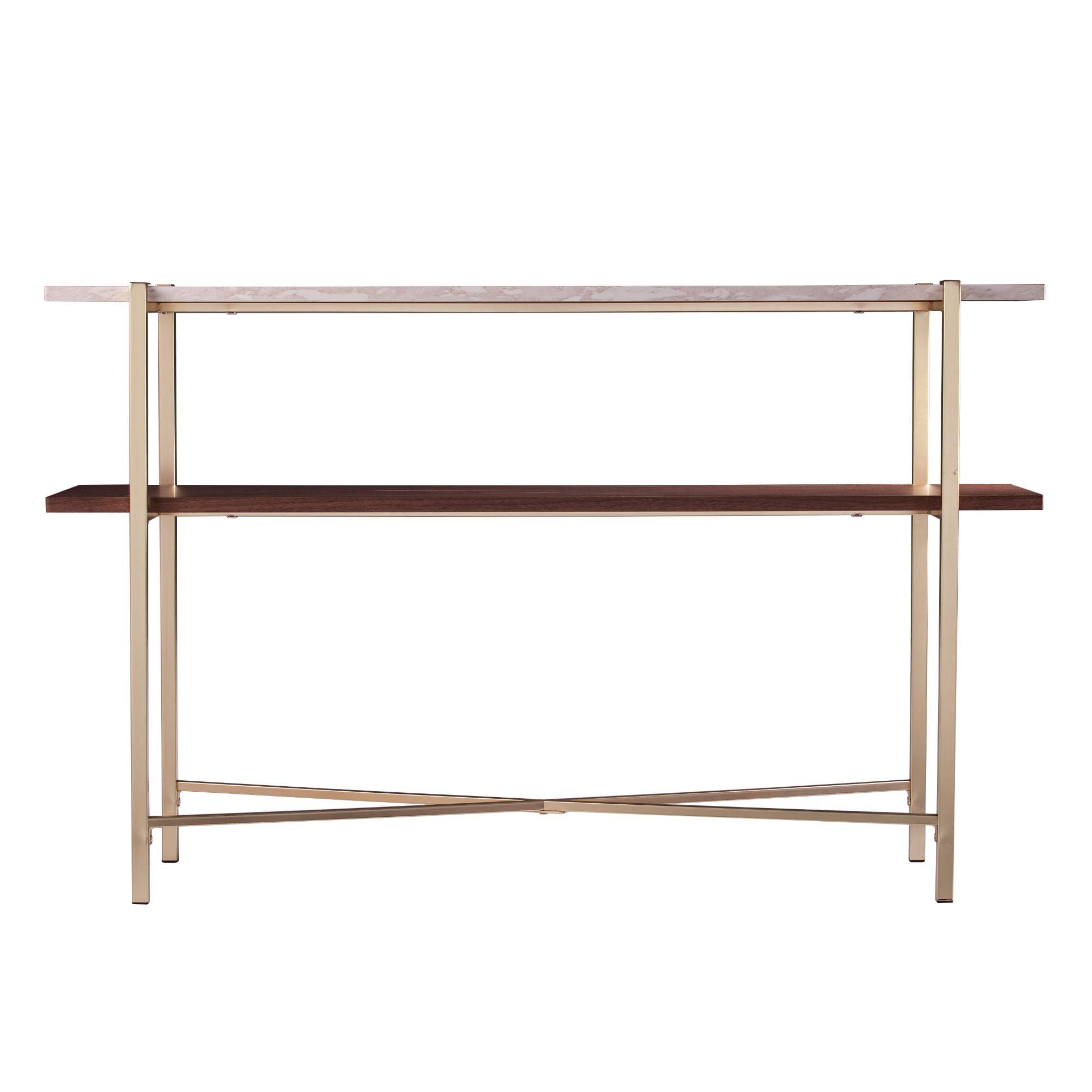 Brass and Dark Tobacco Faux Marble Console Table with Storage