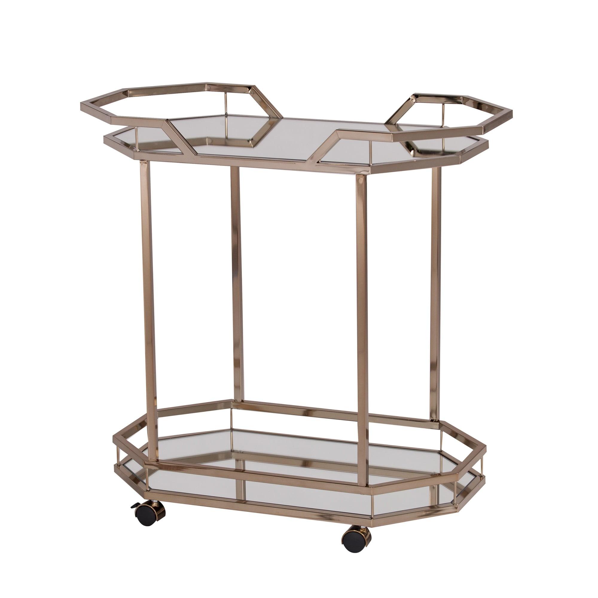 Elegant Champagne Finish Mirrored Art Deco Bar Cart with Wheels