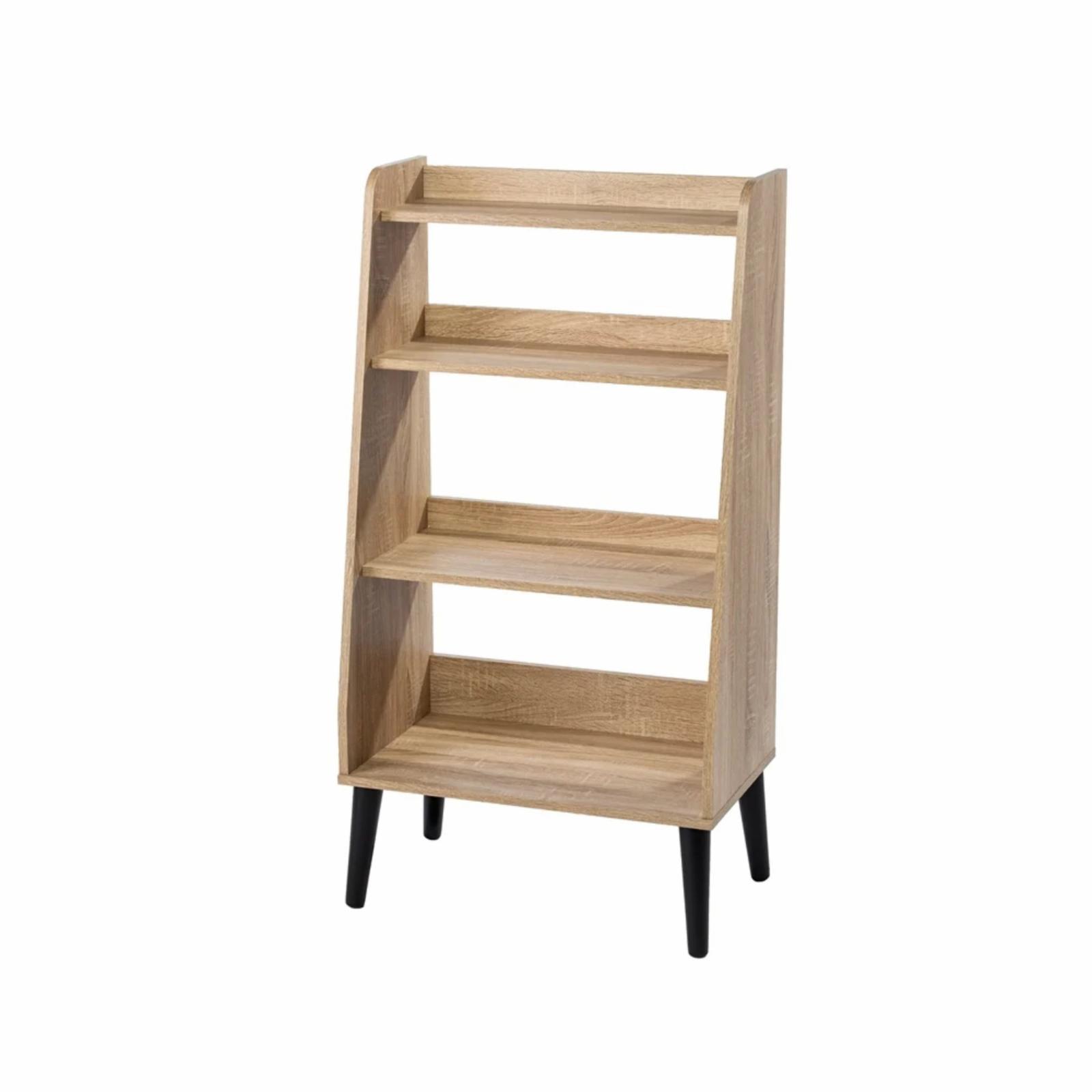 Natural Wood Midcentury Modern 4-Tier Ladder Bookshelf