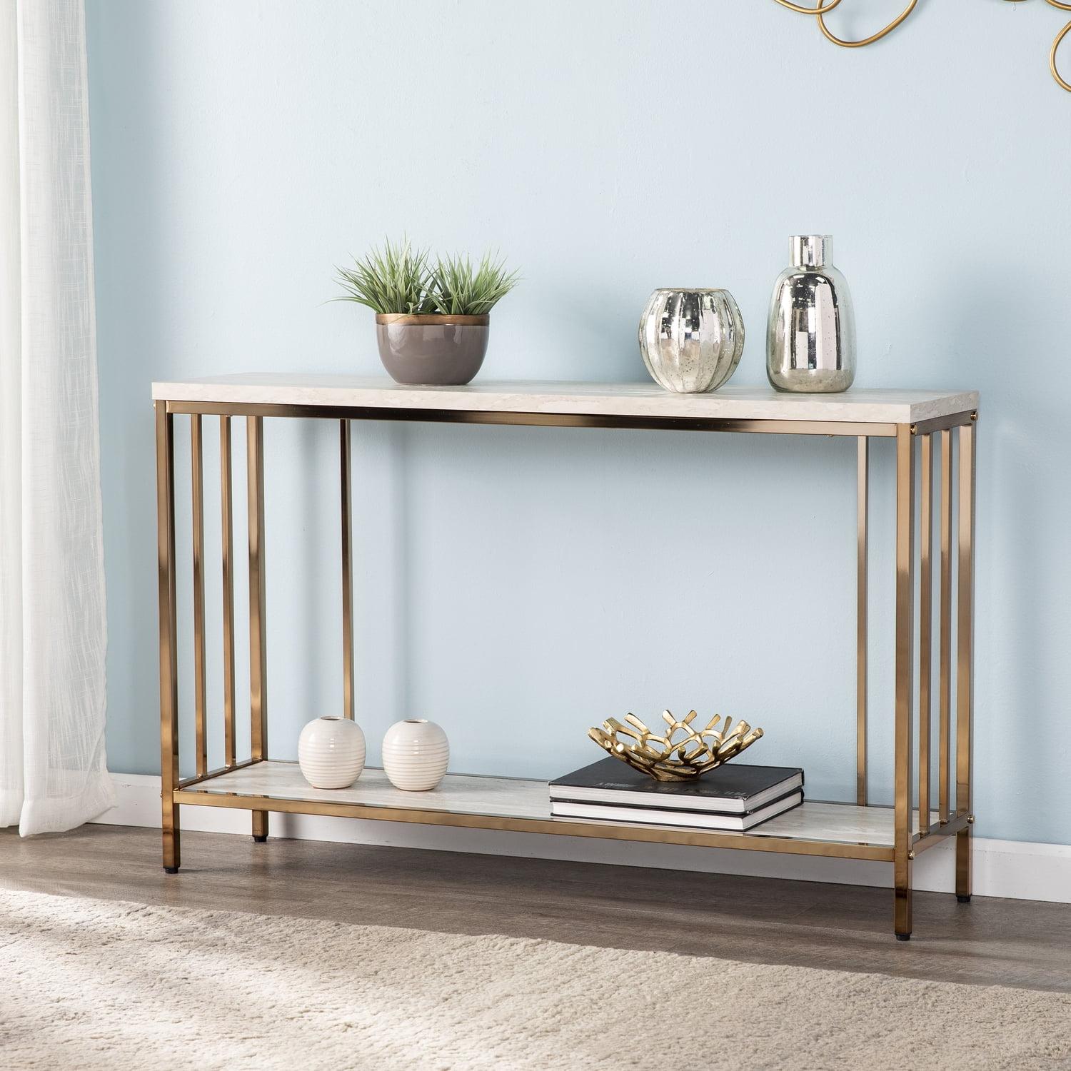 Champagne Glam Faux Stone Console Table with Metal Frame